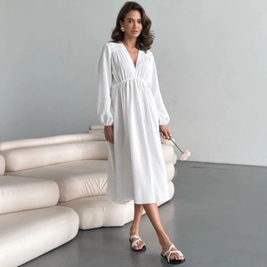 Women 100% Cotton Crinkle Gauze Robe V Neck Long Sleeve High Waist Elegant Breathable Solid Color Nightgown Lounge Robe