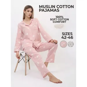 Pyjama en Coton Mousseline Imprimé Cœur Doux pour Femmes Chemise à Boutons Manches Longues Et Pantalon Assorti Confortable