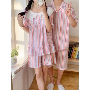 Pyjama de couple rayé en coton avec col claudine pour femme et ensemble pour homme