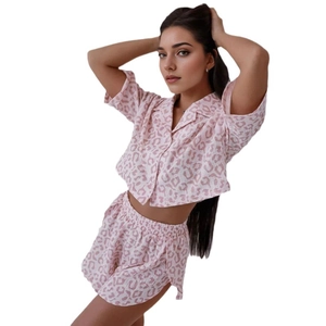 Women's summer two-piece pajama set with pink leopard print button-up shirt and slit shorts