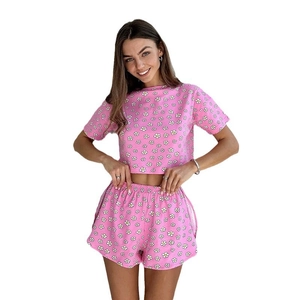 Damen Sommer Zweiteiler Strick-Pyjama-Set mit floralem Crop-Top und elastischen Shorts