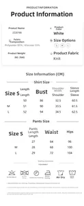 Size chart and washing care details for white knit long sleeve and shorts pajama set