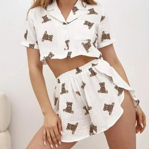 Women Cotton Bear Heart Print Pajama Set Short Sleeve Button Up Lapel Shirt And Shorts Loungewear Top And Bottom Two Piece Nightwear