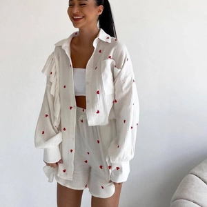 Women Heart Print Ruffle Pajamas Long Sleeve Button Down Shirt And Shorts Cotton Crinkle Loungewear Sleepwear Suit