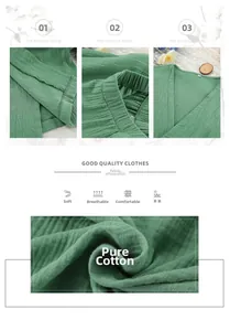 Detail view of green cotton pajama set showing V-neckline, elastic waist, and gauze texture
