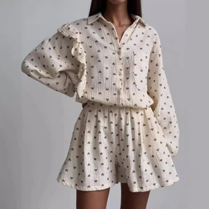 Women's two-piece heart print lounge set with ruffle sleeve cotton linen shirt and shorts