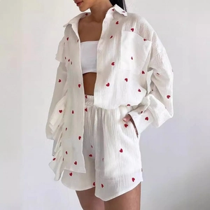Women white heart print cotton linen lounge set with ruffle hem and elastic shorts