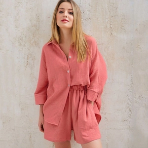 Women's coral pink two-piece cotton gauze loungewear set with long sleeve shirt and shorts