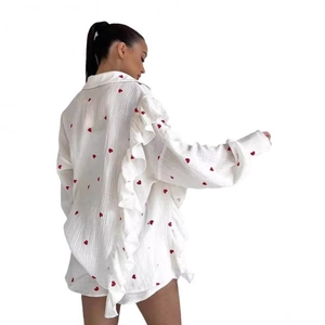 White cotton linen loungewear set with red heart embroidery and ruffle back details