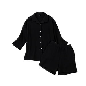 Women's black crinkle cotton long sleeve shirt and shorts casual loungewear set