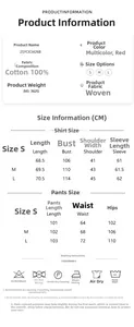 Size chart and fabric details for white cotton heart pajamas set with long pants