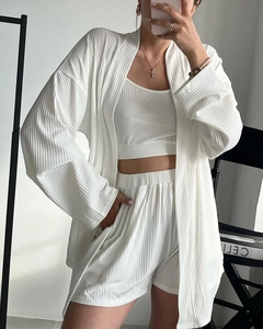 Detail of white 3-piece loungewear set with ribbed texture top shorts and cardigan