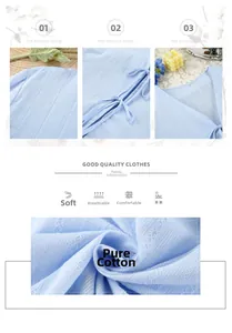 Detail of light blue cotton pajama set showing V-neck and textured vertical stripes
