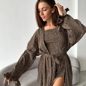 Damen Leopardenmuster Strick Lounge Wear Oben Und Unten Rüschen Langarm Strickjacke Hemdchen Und Shorts Schlafanzug Co-ords