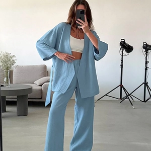 Women Cotton Crinkle Gauze Pajamas Long Sleeve Kimono Top And Pants Sleepwear Breathable Textured Homewear Soft Pajama Lounge