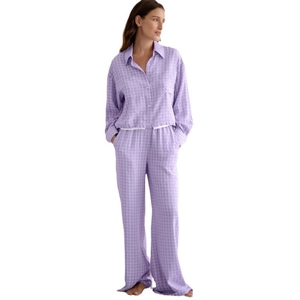 Ensemble pyjama violet à carreaux pour femme avec chemise à manches longues et pantalon