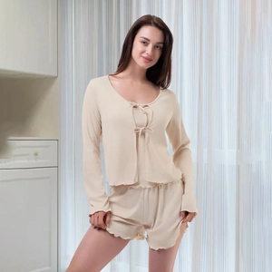 Set Loungewear Donna Top And Bottom in Maglia a Costine Cardigan a Maniche Lunghe con Lacci Canotta e Pantaloncini Albicocca