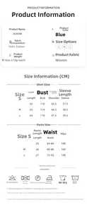 Detailed size chart for women cotton long sleeve pajamas and shorts set in blue