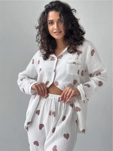 Damen Casual Baumwolle Muslin Schlafanzug Herz Print Langarm Oberteil Und Hose Weich Atmungsaktiv Nachtwäsche Homewear
