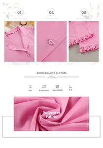 Detailed view of pink ruffle cuffs and soft polyester fabric texture on women's pajamas