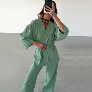 Sage green cotton gauze long sleeve pajama set with kimono style wrap top and pants
