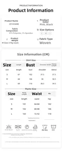 Detailed size chart and care instructions for pink ruffle pajama set for women