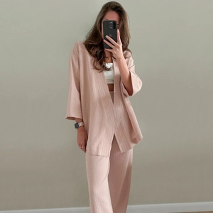 Women's two-piece cotton gauze loungewear set with kimono cardigan and wide-leg pants