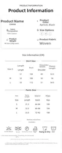 Detailed size chart for cotton pajamas set showing top and pants measurements