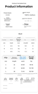 Detailed size chart for women cotton long sleeve pajamas set with washing instructions