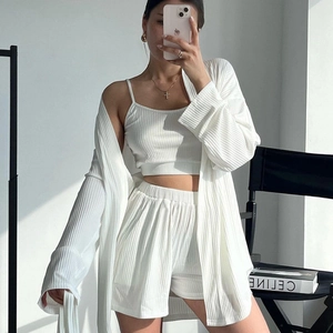 Women Ribbed Knit Casual Homewear Cardigan Camisole And Shorts Pajamas Solid Color Minimalist Soft Breathable Clothing