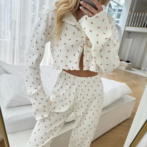 Ensemble pyjama en tricot pour femme avec imprimé floral, manches longues et volants