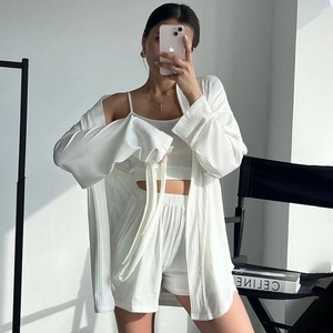 Minimalist white knit 3-piece set with long cardigan, camisole, and shorts in ribbed fabric
