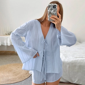 Women 100% Cotton Long Sleeve Front Tie Top And Shorts Pajama Suit Jacquard V Neck Home Sleepwear Leisure Loungewear Blue