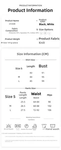 Tabella taglie dettagliata per set pigiama in maglia bianca con misure maglia e pantaloni