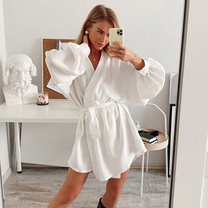 Damen Casual 100% Baumwolle Musselin Schlafanzug V-Ausschnitt Laternenärmel Robe Und Shorts Loungewear Nachtwäsche Weiß