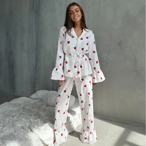 Women's white cotton heart print pajama set with long sleeves and drawstring waist