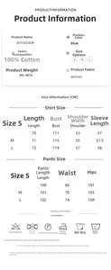 Size chart for 100% cotton blue pajama set detailing shirt and pants dimensions