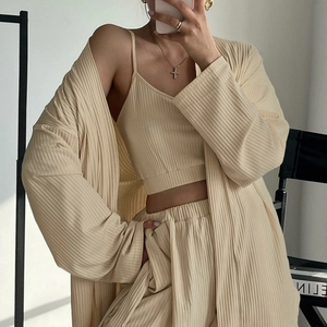 Beige 3-piece knit lounge set with cardigan, camisole and wide-leg pants for cozy wear