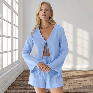 Ensemble Homewear Femme 100% Coton Col en V Noué Haut Manches Longues et Short Pyjama Décontracté Deux Pièces