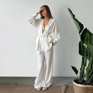 Vêtements de Détente Femme 100% Coton Double Gaze Haut Cardigan Bralette Et Pantalon Large Pyjama Décontracté Respirant