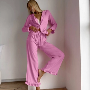 Women Pajama Set Polyester Satin Long Sleeve Top And Bottom Ruffle Trim Loose Comfortable Button Down Loungewear Sleepwear Homewear