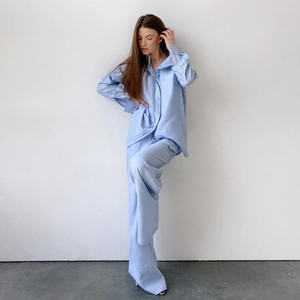 Women's 100% Cotton Pajama Set Long Sleeve Button Down Shirt And Wide Leg Pants Two Piece Loungewear Solid Blue Sleepwear