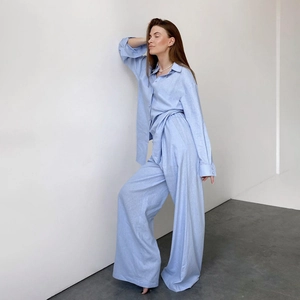 Women's blue cotton long sleeve shirt and wide-leg pants lounge set for casual home wear