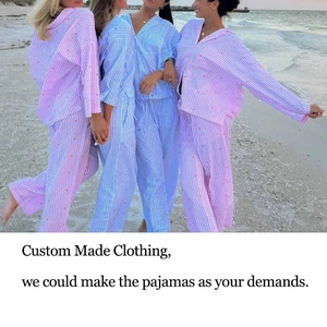 Women stripe pajama set with long sleeve button top and embroidery heart detail