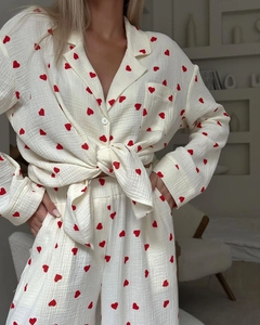 Detail of soft crinkle cotton heart print pajama set with lapel and button closure