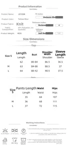 Size guide for women's soft jacquard pajamas set with detailed fabric care instructions