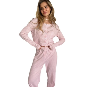Women's two-piece pink ribbed knit pajama set with long sleeve button cardigan and pants