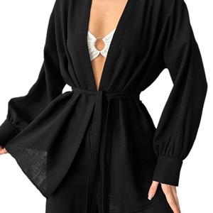 Ensemble pyjama en crêpe blanc double épaisseur avec cardigan noué et pantalon respirant