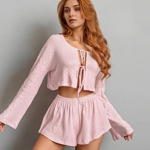 Women Knit Jacquard Pajamas Top And Bottom Lace-up Long Sleeve Crop Top And Shorts Breathable Cotton Home Service Nightwear