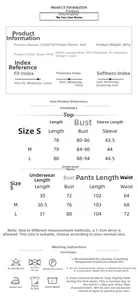 Detailed size chart for 3-piece knitted loungewear set including tops and pants info